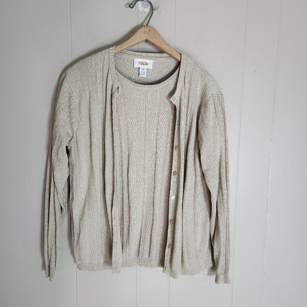 Talbots twin set vtg cardigan sweater beige gold metallic lurex silk blend M